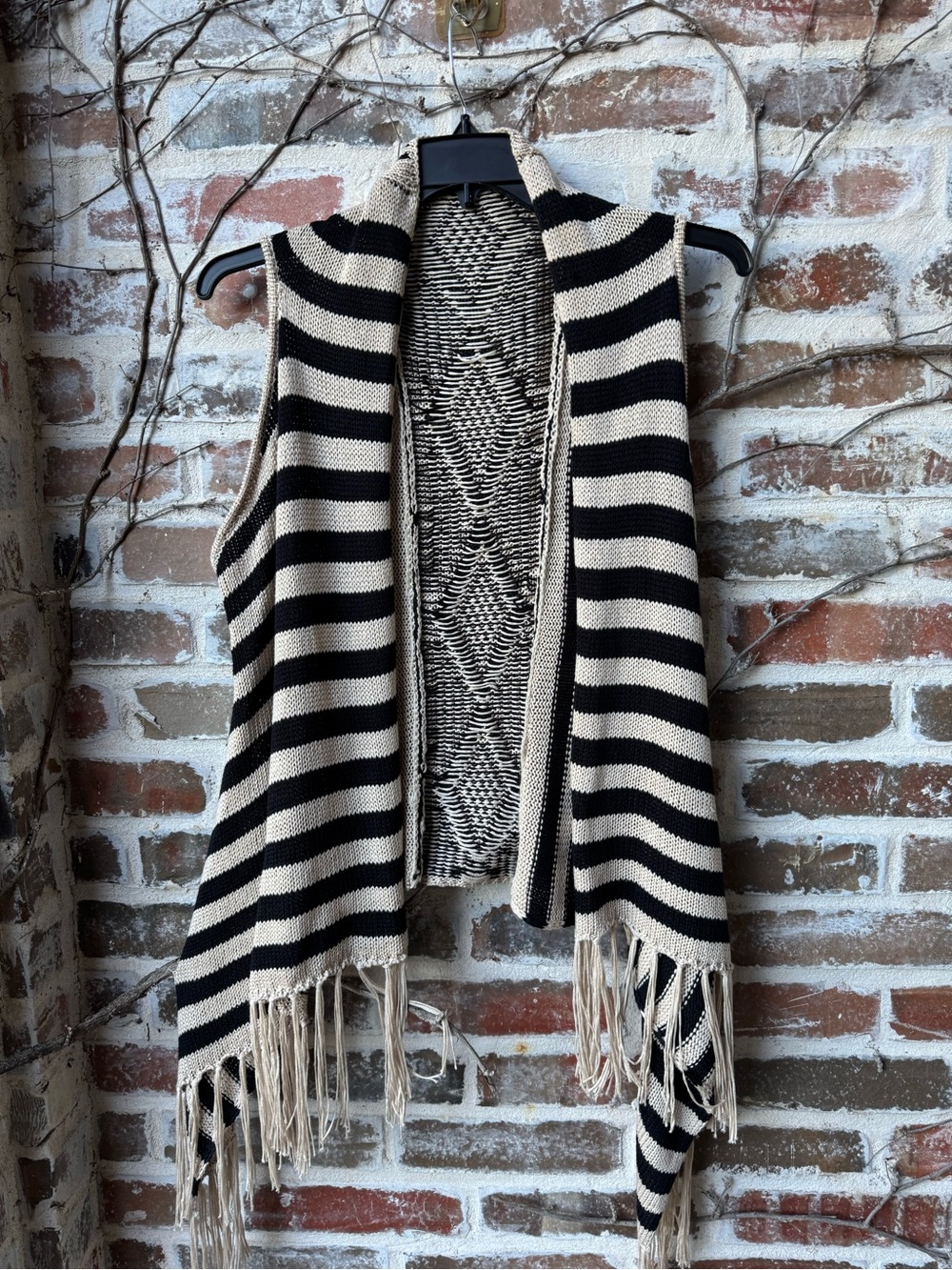 Say What? Black Cream Aztec Striped Fringe Open Front Knit Vest Plus Size 1X